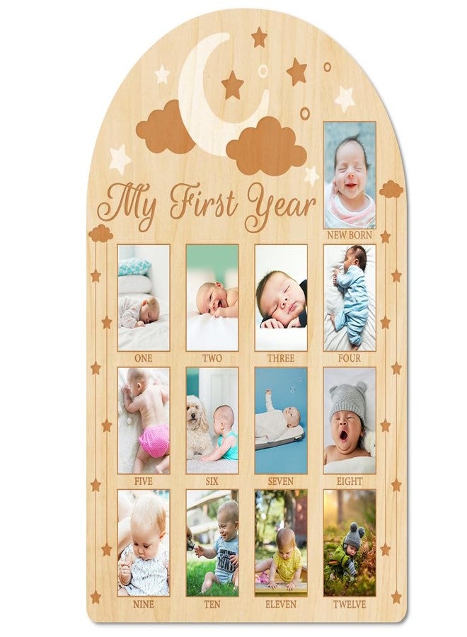 ORIGACH My First Year Baby Growth Photo Display Wood Board - 12 Months Newborn Milestones Photo Board - Neutral Baby Keepsake Frame 1st Birthday Party Nursery Decor New Mom Gift - Moon Star & Cloud - Image 1